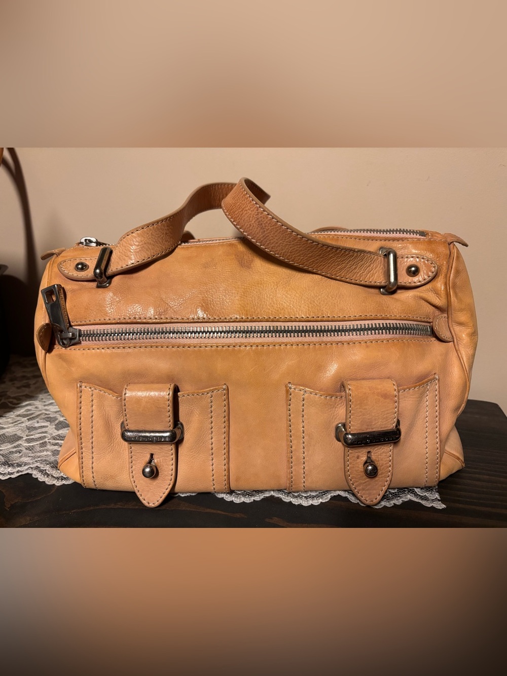 Marc Jacob’s Tan Leather Boston Bag with Front Buckle Details